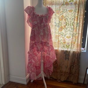LoveShackFancy Alexia Floral Print High-Low Ruffle Dress